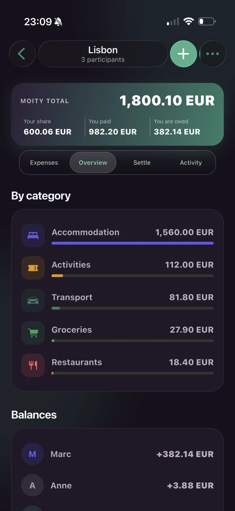 Overview of a Lisbon trip with categories and balances